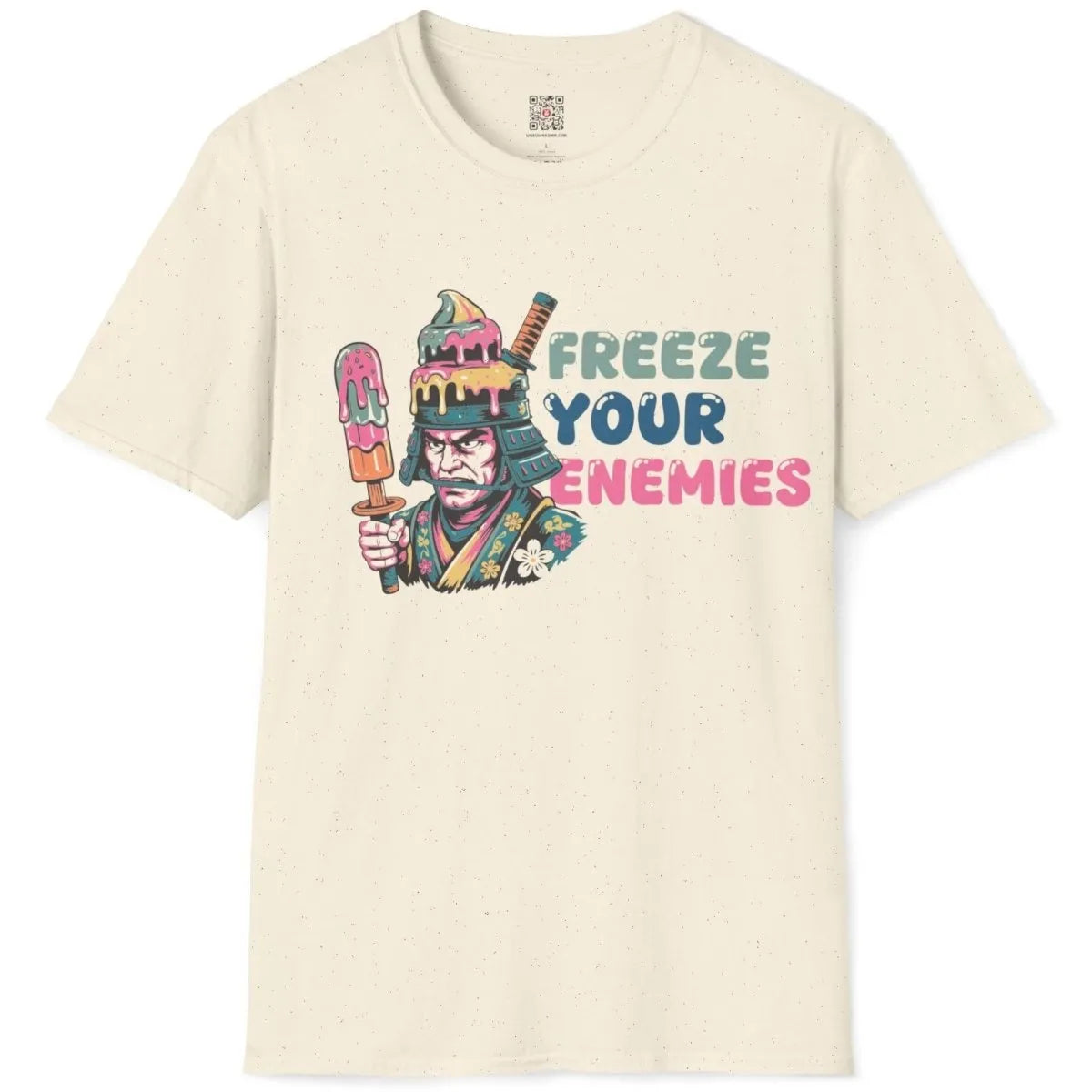 Natural flatlay t-shirt with samurai, ice cream, and playful text; phrase motivation, monster mashup.