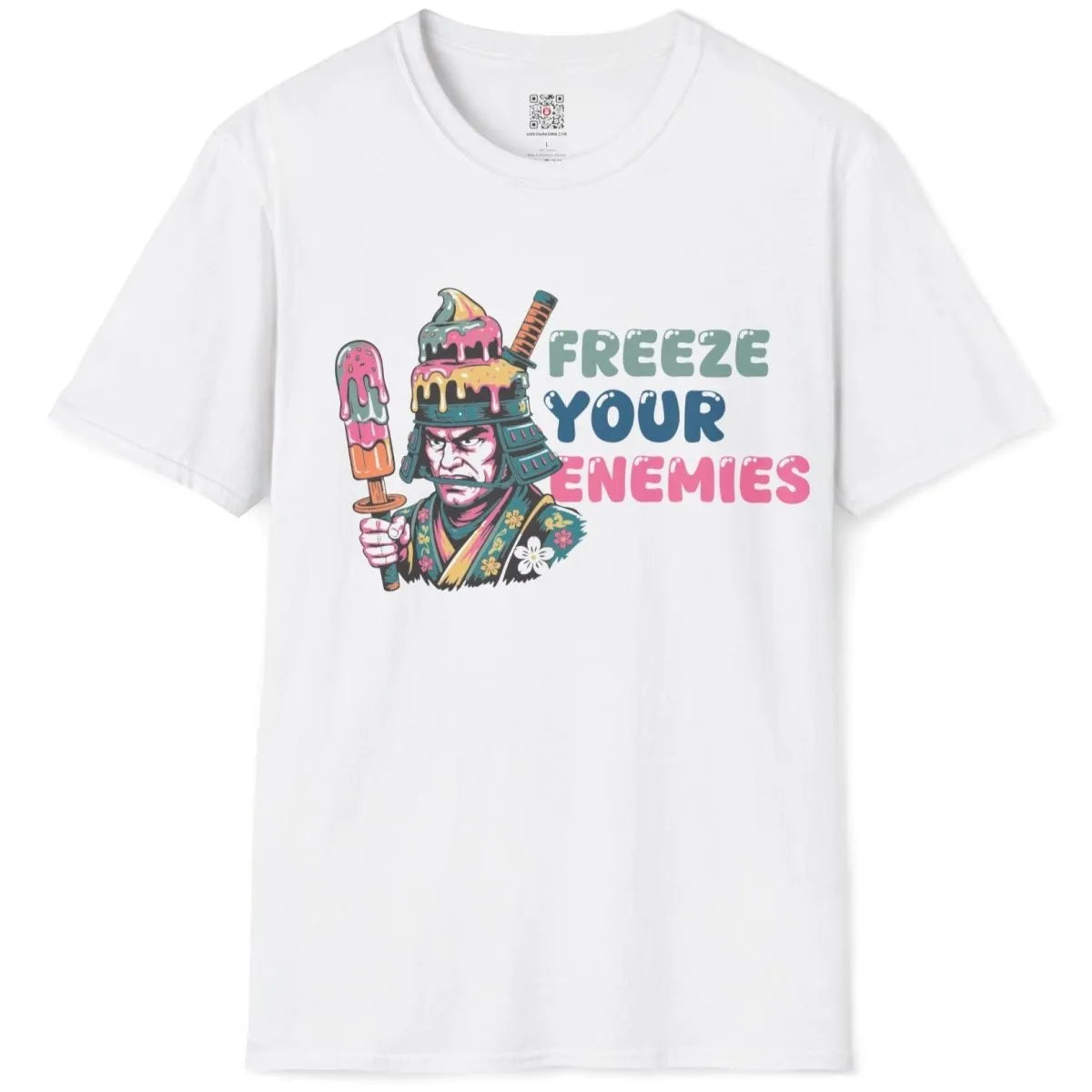 White flatlay t-shirt with samurai, dripping ice cream, and bold text; japanese t-shirts, funny shirts with sayings.