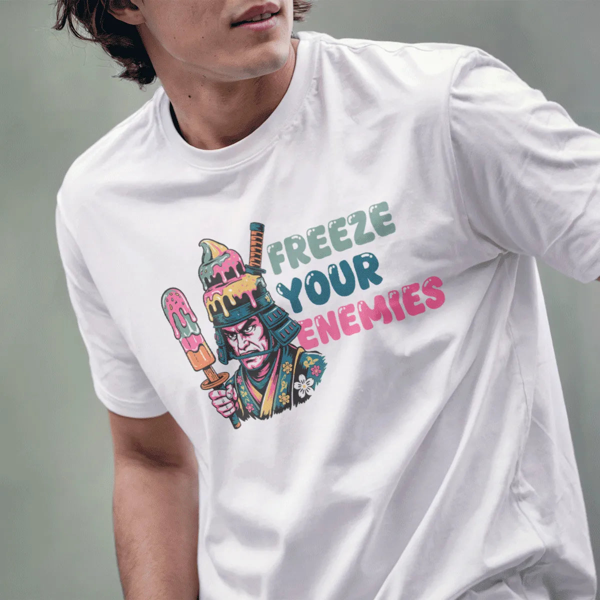 Male model in white shirt with samurai, ice cream popsicle, and bold text; japanese t-shirts, whimsical illustration.