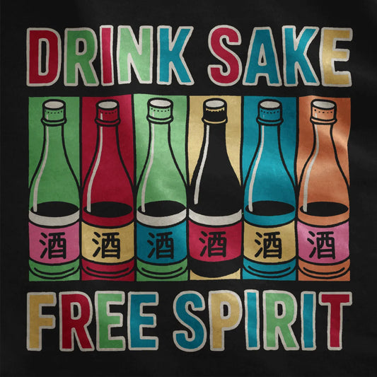 Close-up of black shirt with six cartoon sake bottles and bold text; japanese t-shirts, pop art shirt.