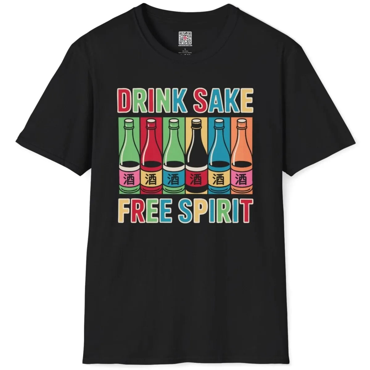 Black flatlay t-shirt with vibrant sake bottles and DRINK SAKE text; japanese text shirt, retro design.