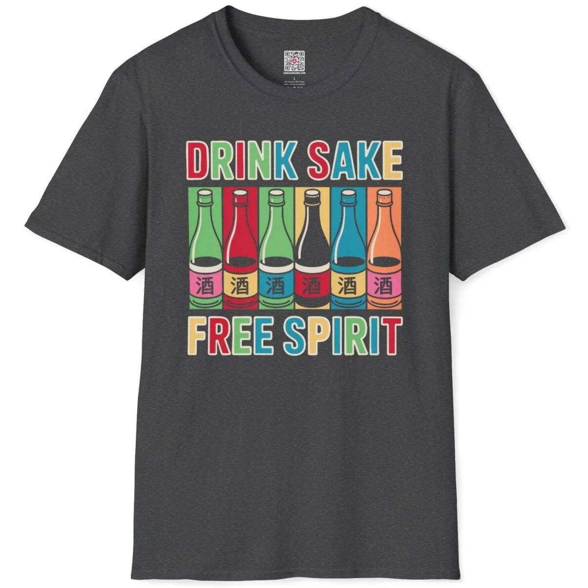 Dark heather flatlay t-shirt with six sake bottles and bold text; vintage aesthetic, bold text fonts.