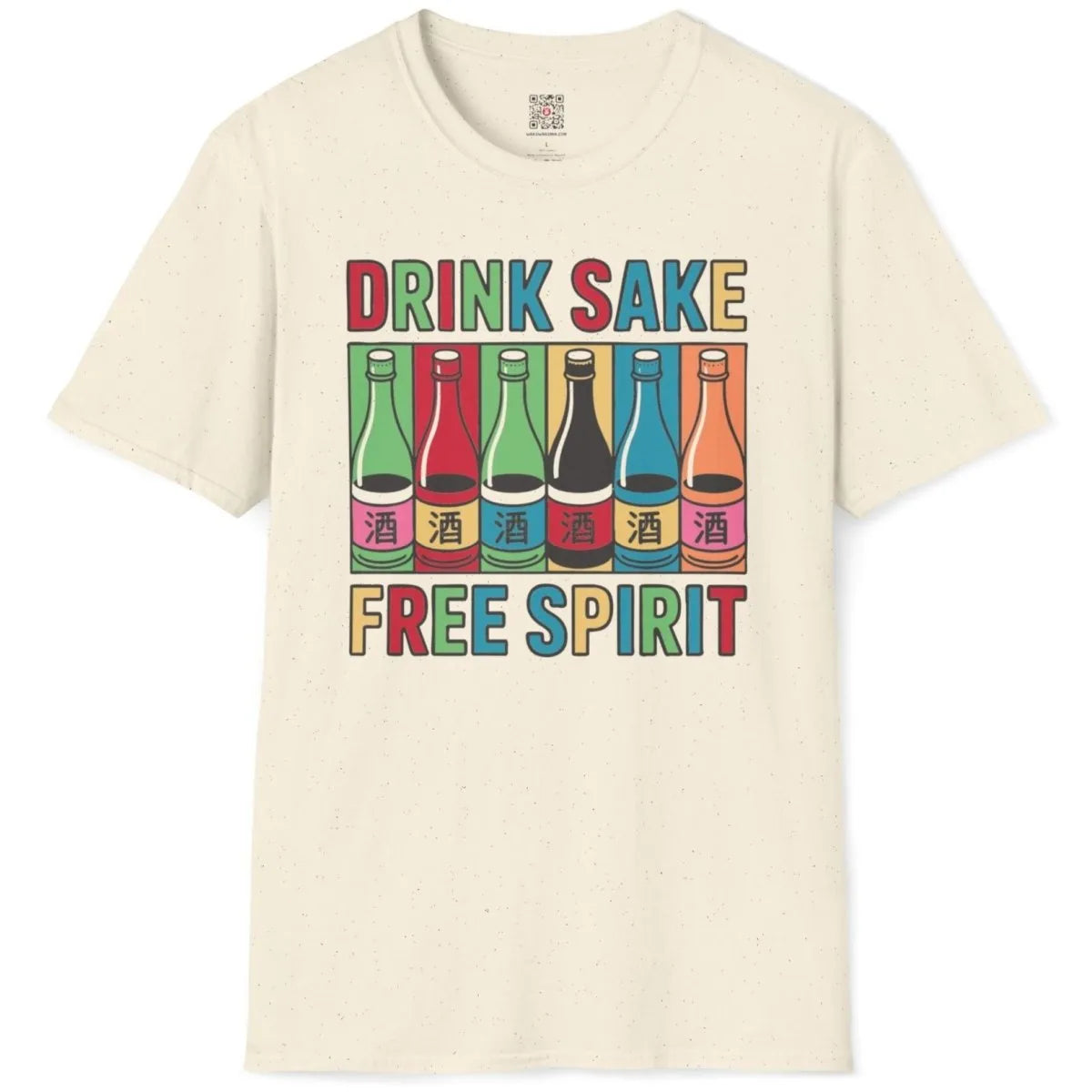 Natural flatlay t-shirt with cartoon sake bottles and colorful text; fusion cuisine, phrase motivation.