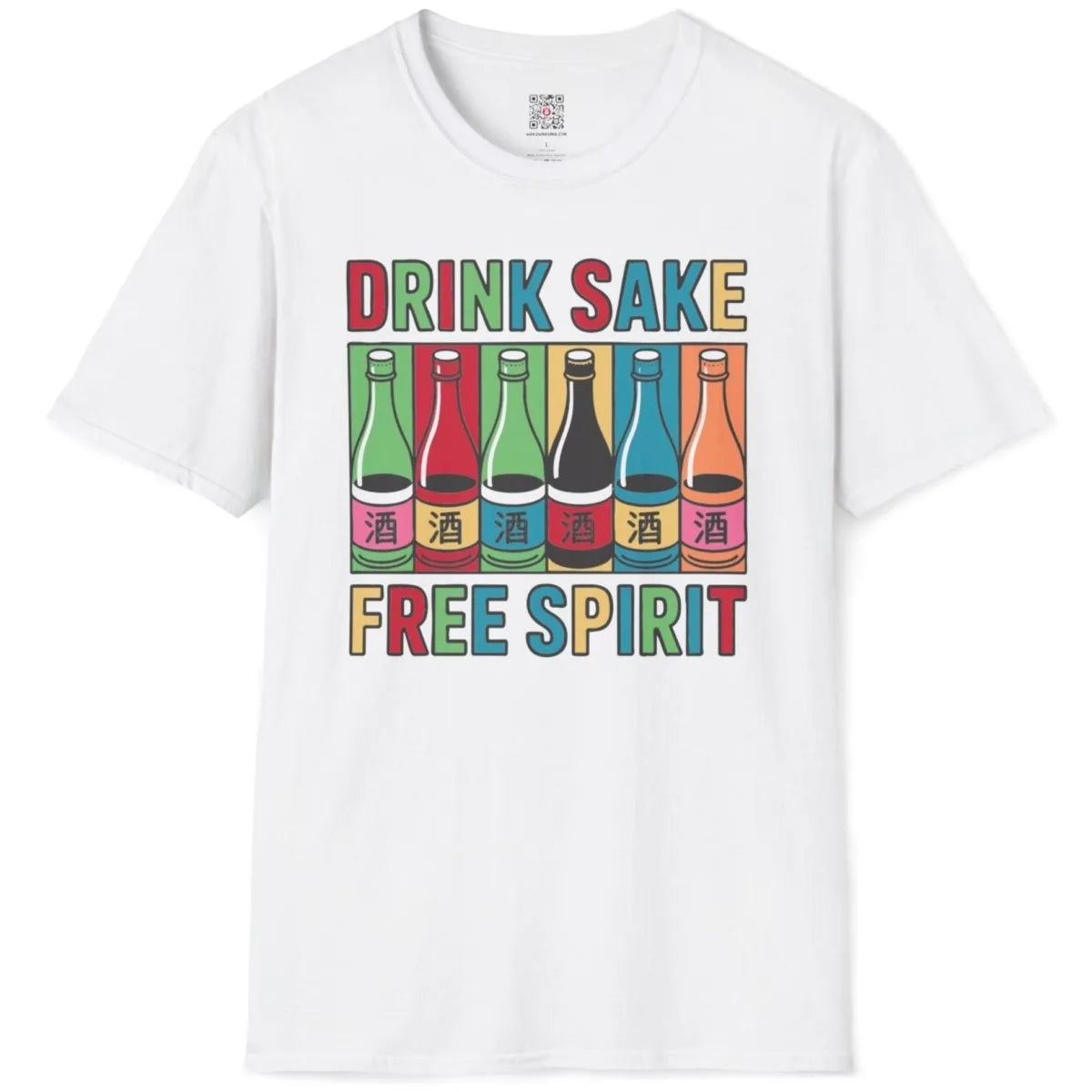 White flatlay t-shirt with colorful sake bottles and FREE SPIRIT text; cultural celebration, japanese t-shirts.