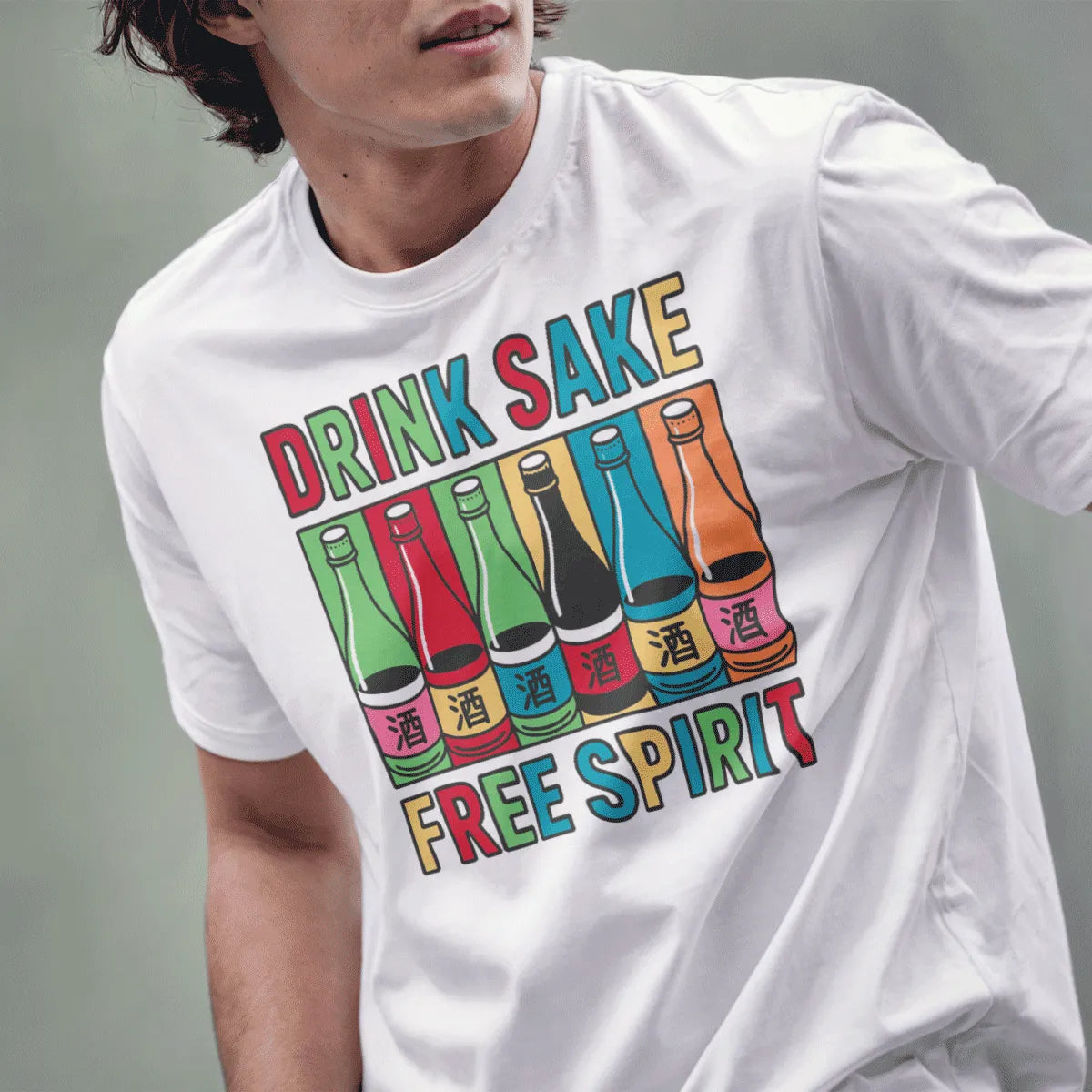 Male model in white shirt with row of sake bottles and bold block text; japanese t-shirts, graphic t-shirts stores.