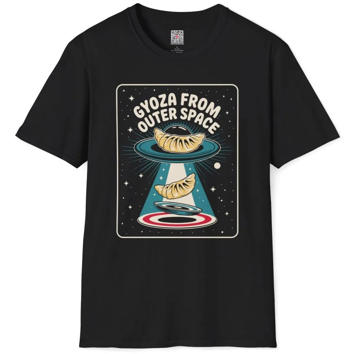 Flatlay of black t-shirt with bold gyoza UFO design, pop art shirt, cosmic design.