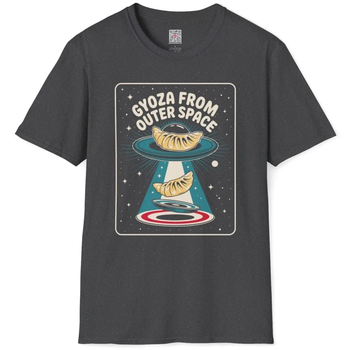 Dark heather t-shirt flatlay with retro gyoza UFO design, Japanese t-shirts, cosmic design.