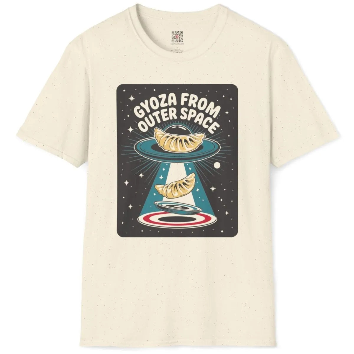 Natural t-shirt flatlay with playful gyoza and flying saucer, pop art shirt style.