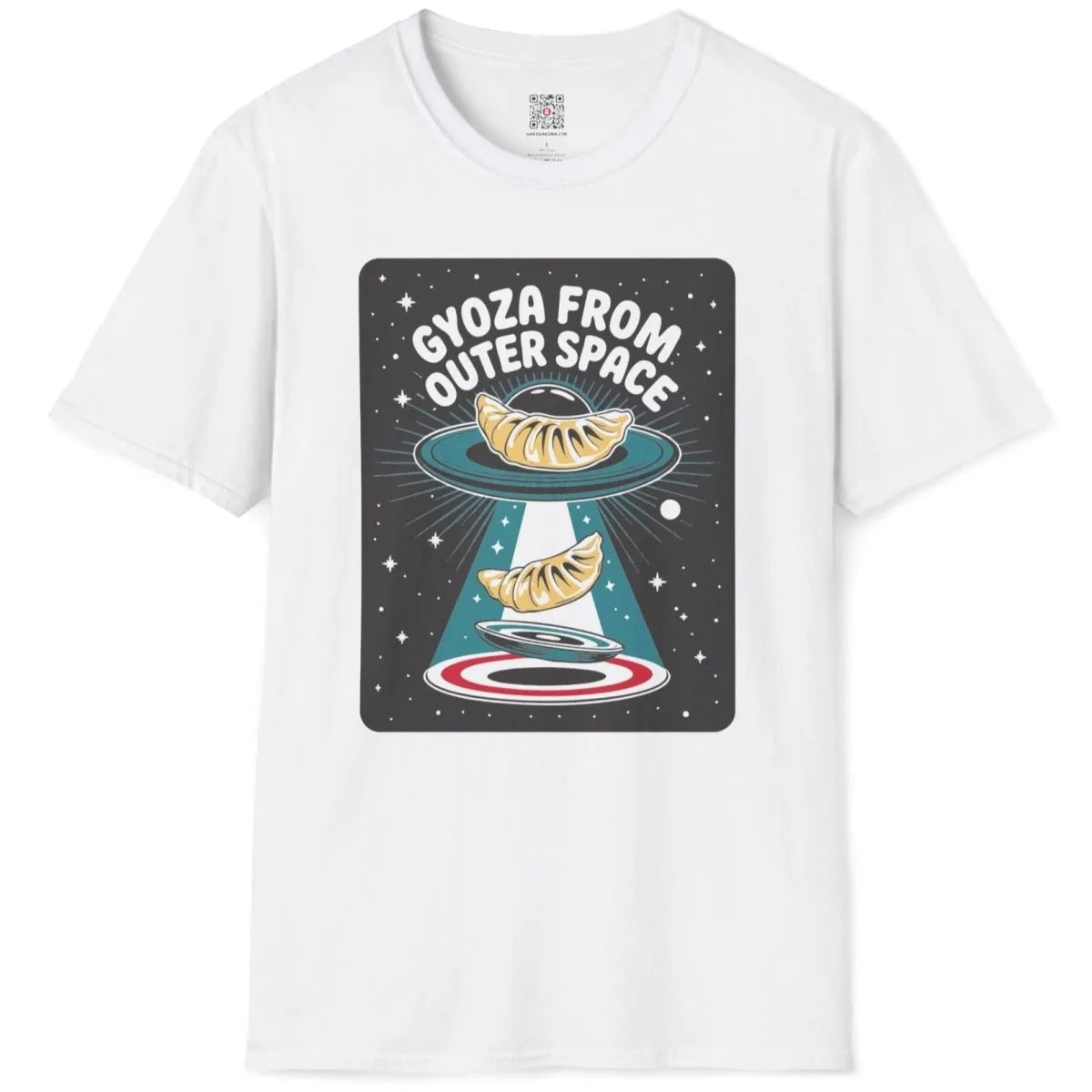 Flatlay of white t-shirt featuring vibrant gyoza from outer space, whimsical illustration.