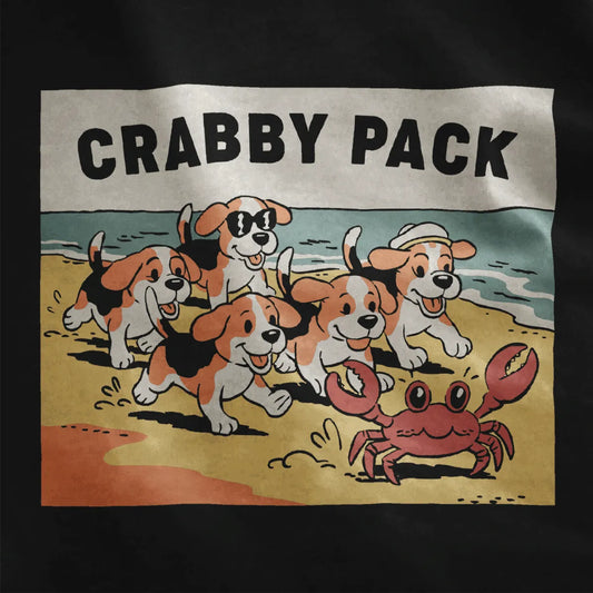 Black fabric closeup of "CRABBY PACK" design, beagle puppies, funny shirts with sayings.