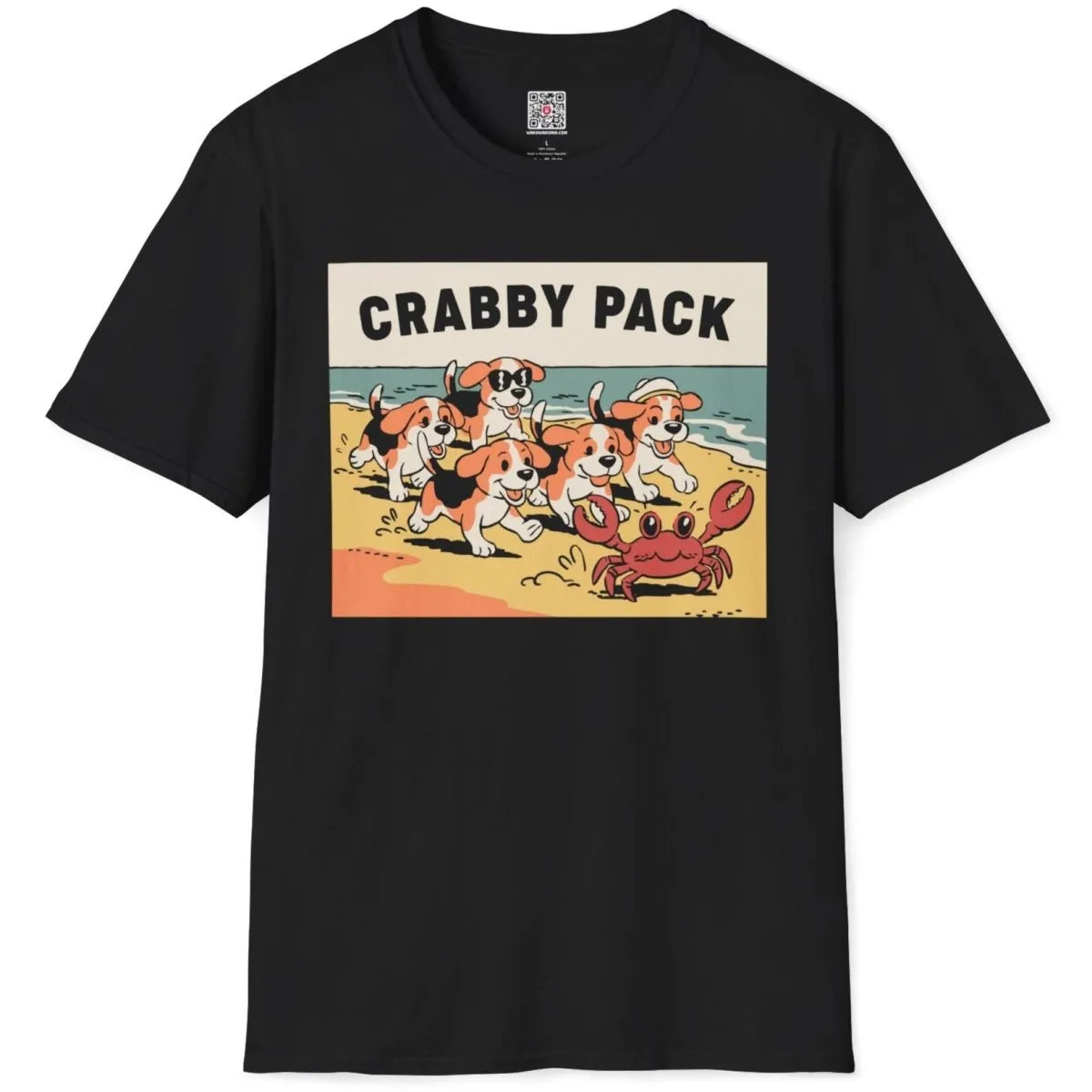 Flatlay of black t-shirt, lively beach puppies and crab, bold text fonts, vintage aesthetic.
