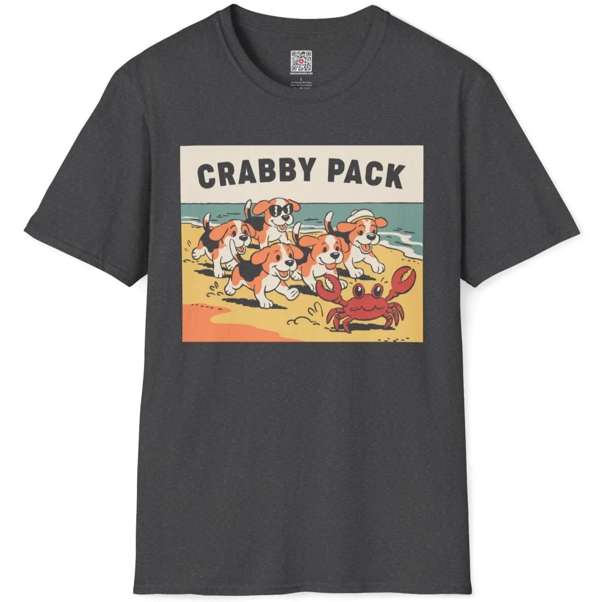 Dark heather t-shirt flatlay, "CRABBY PACK" beach scene, funny shirts with sayings.