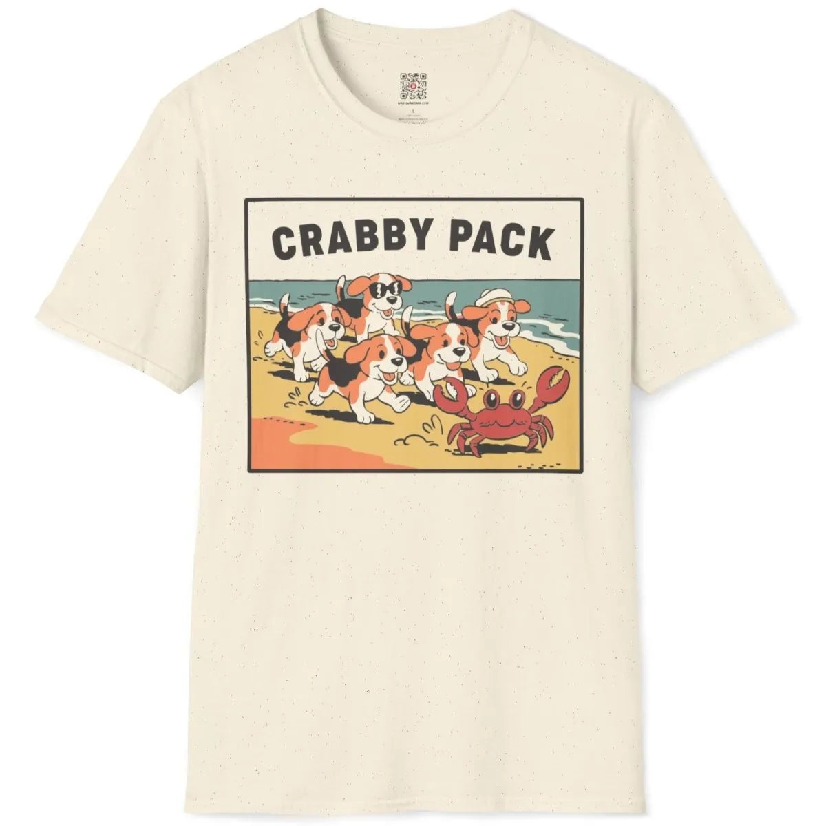 Natural t-shirt flatlay, playful beagle puppies chasing crab, friends themed shirts.