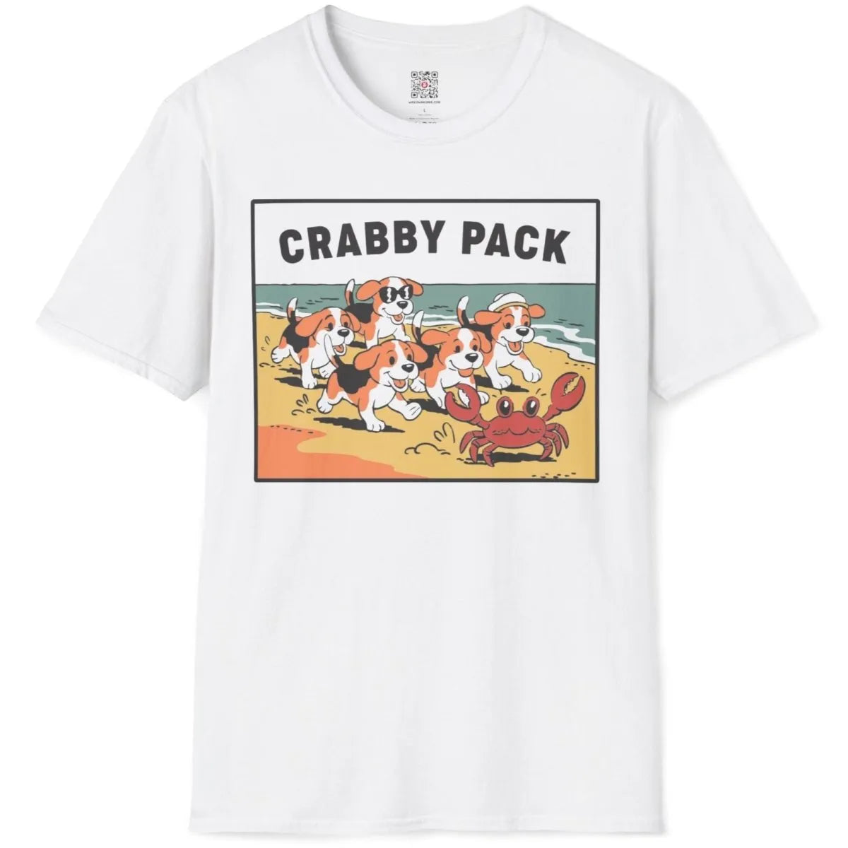 White t-shirt flatlay with charming beagle puppy chase, cartoonish style, nature blend.