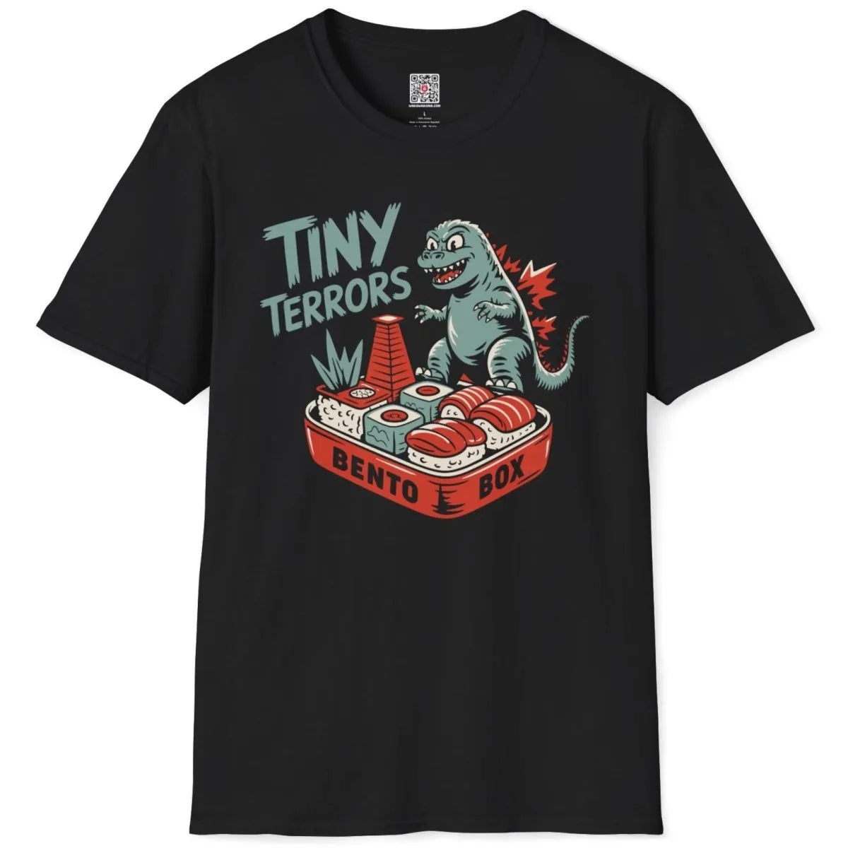 Flatlay of black t-shirt, vibrant Godzilla and sushi box, bento box design, sumo sushi.