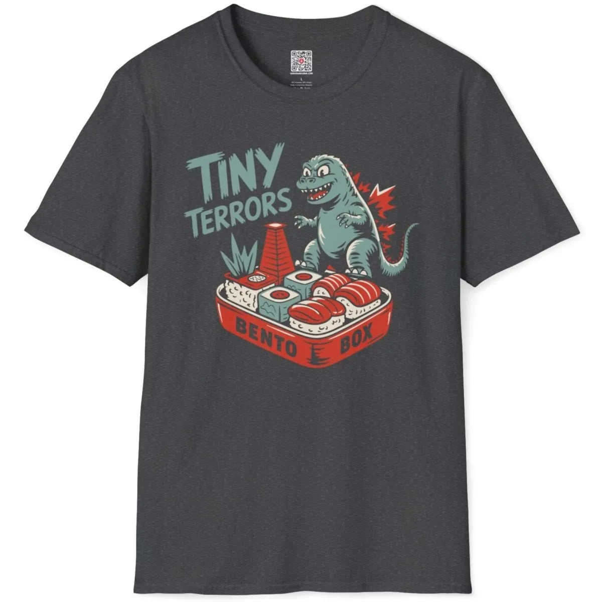 Dark heather t-shirt flatlay, playful Godzilla and sushi bento, Japanese t-shirts, sushi cat.