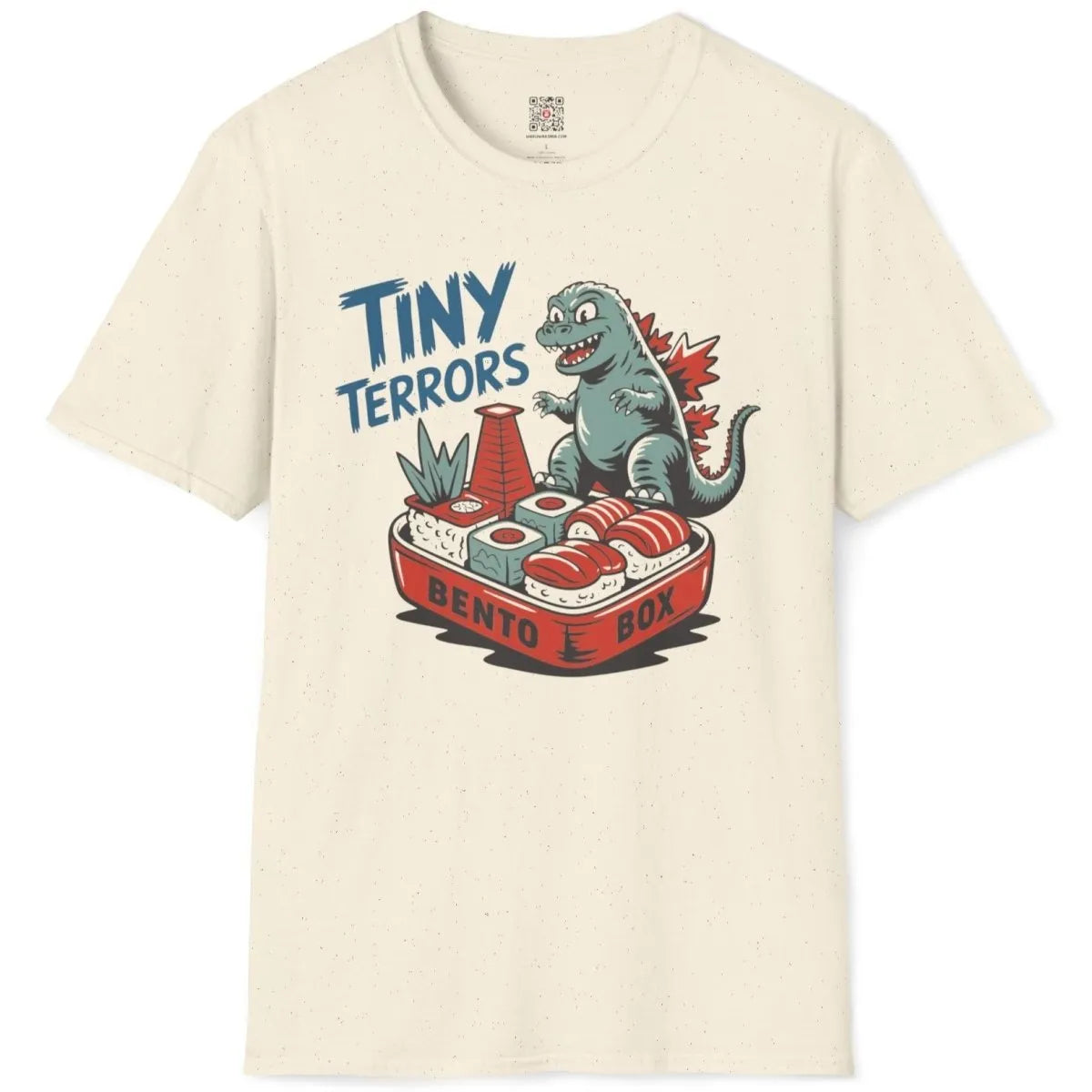 Natural t-shirt flatlay, fun Godzilla bento box design, godzilla shirt, bento box design.