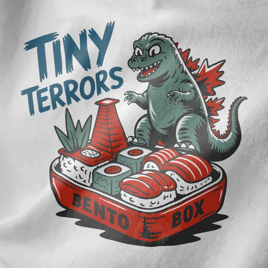 Closeup of playful Godzilla bento box illustration on white fabric, bento box design, kawaii clothes.