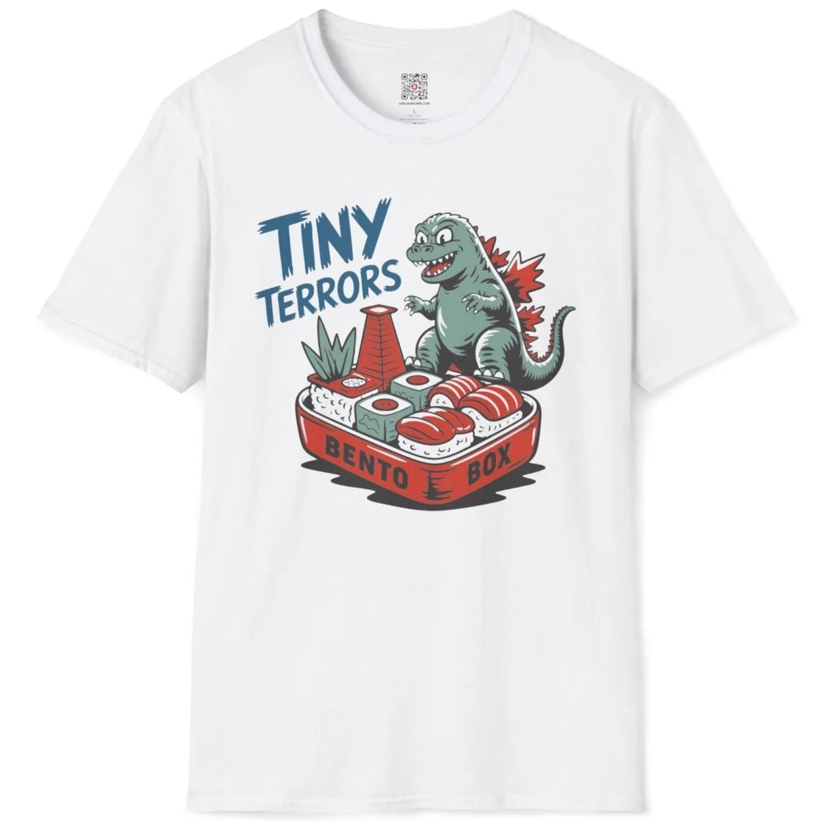 White t-shirt flatlay, cartoon Godzilla on bento box, kawaii clothes, fusion cuisine.