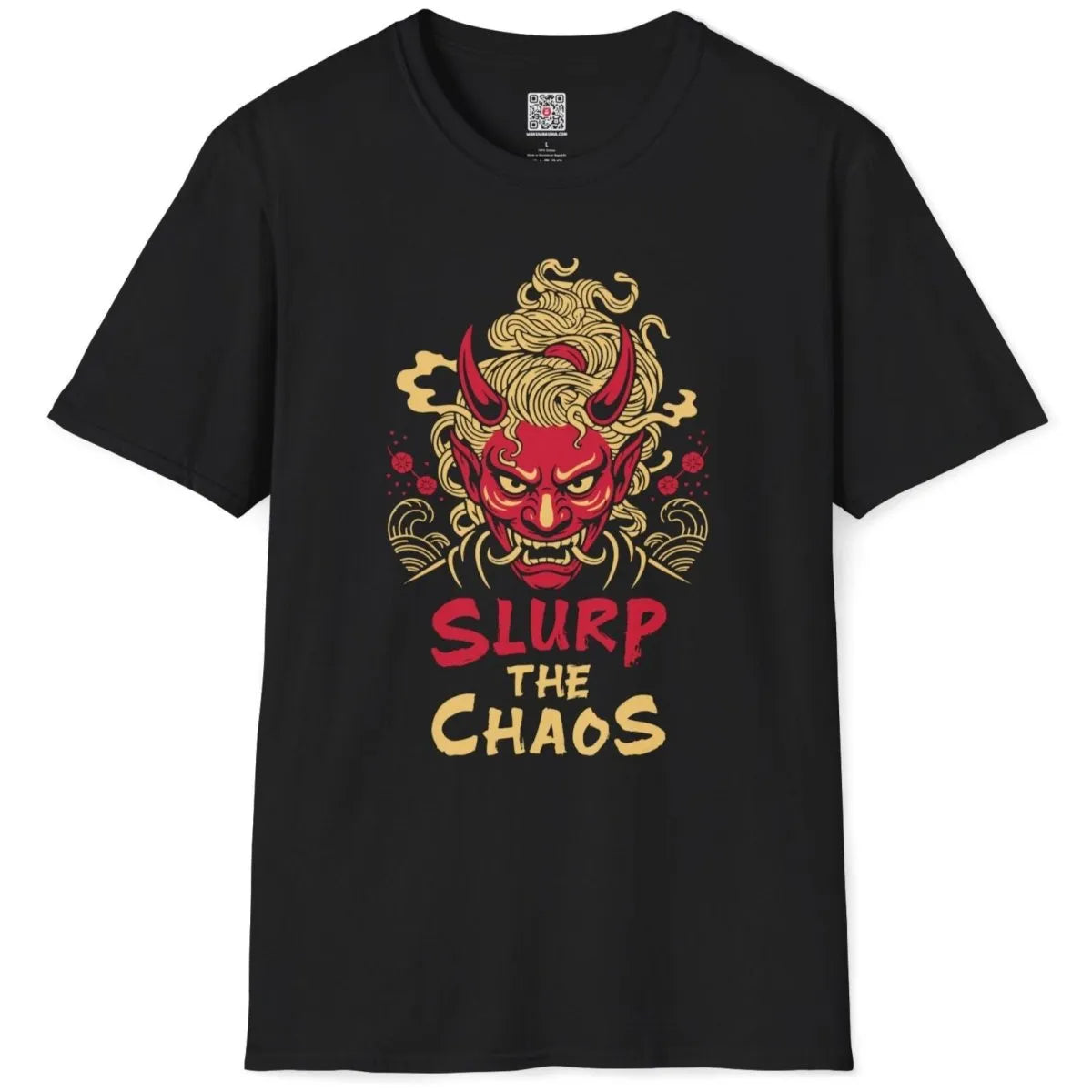 Black t-shirt flatlay with red oni mask, noodles, cherry blossoms, and bold brushstroke text, japanese t-shirts.