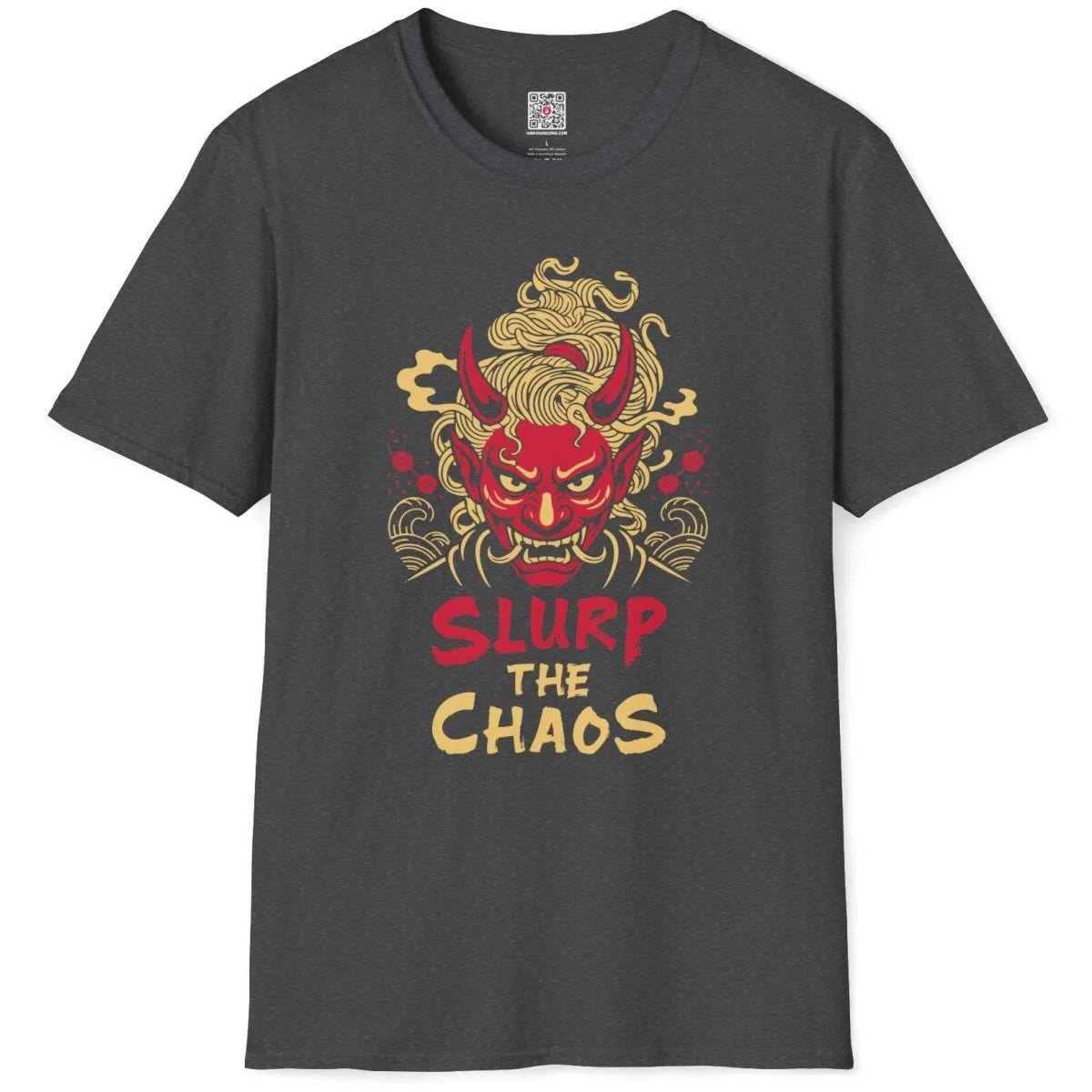 Dark heather t-shirt flatlay with fierce red oni mask, swirling noodles, and cherry blossoms, ramen t-shirt.