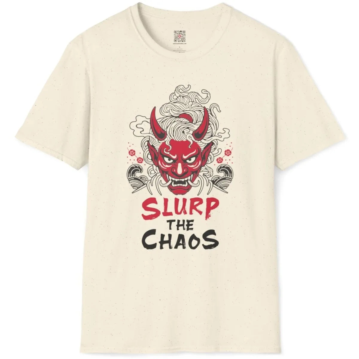Natural t-shirt flatlay with red oni mask, ramen noodles, cherry blossoms, and bold typography, cultural fusion.
