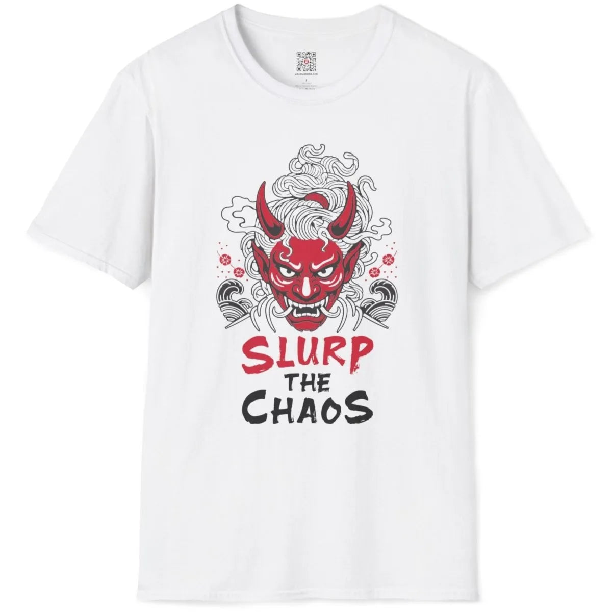White t-shirt flatlay with dynamic red oni mask, ramen noodles, and cherry blossoms, ramen art, japanese t-shirts.