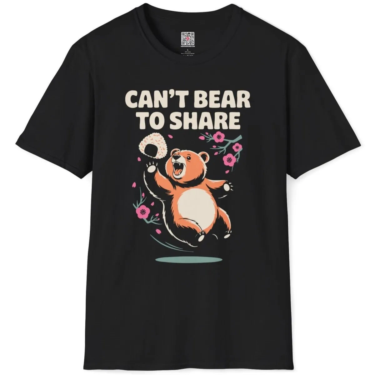 Black t-shirt flatlay with lively bear holding rice ball, surrounded by cherry blossoms, japanese t-shirts.