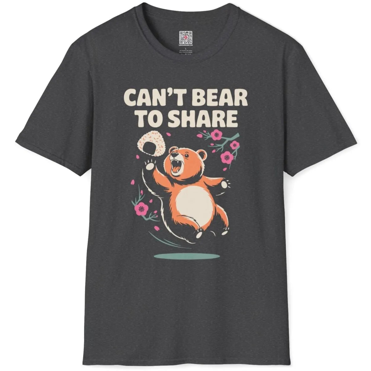 Dark heather t-shirt flatlay with lively bear, rice ball, and cherry blossoms, cherry blossom shirt, whimsical illustration.
