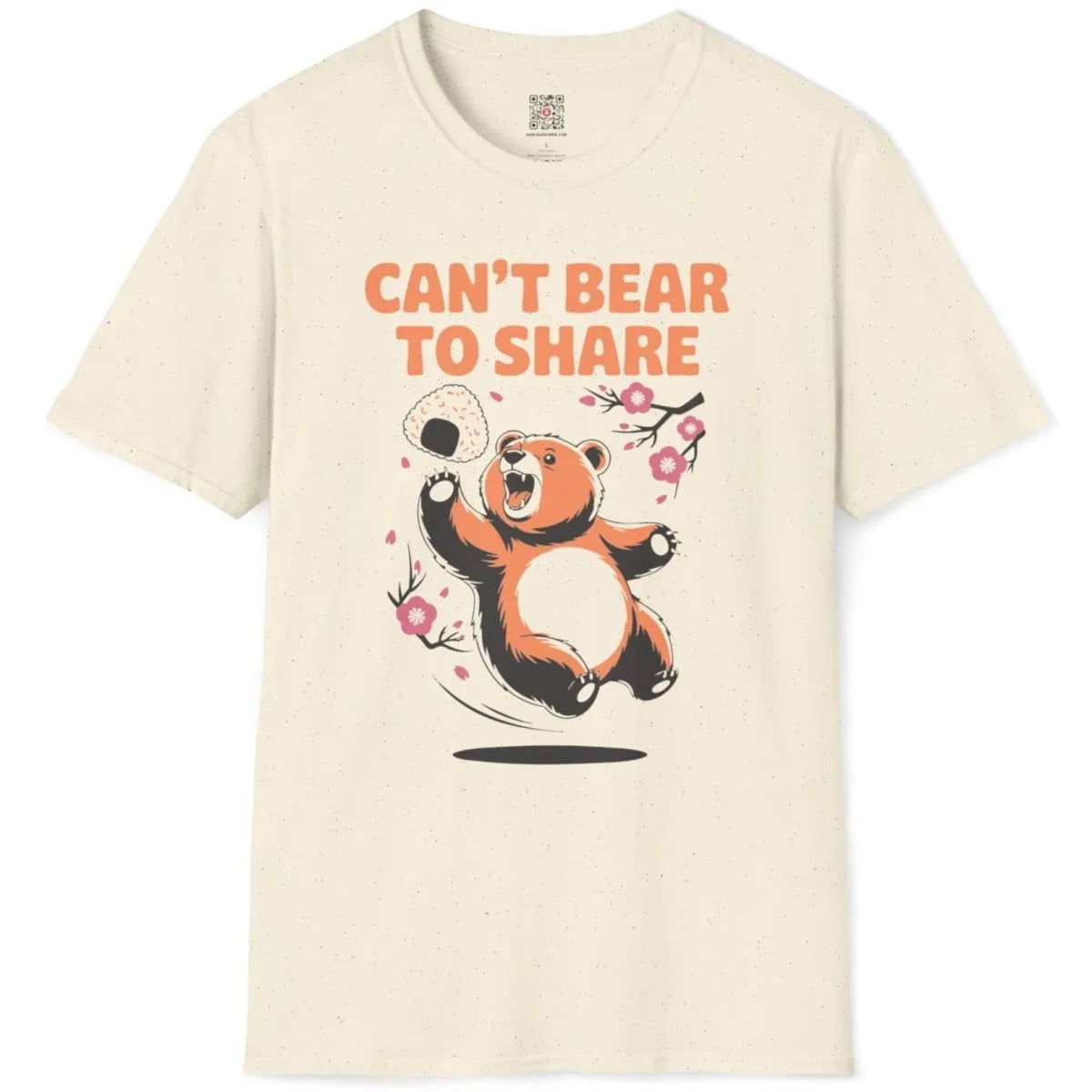 Natural t-shirt flatlay with playful bear, rice ball, and cherry blossoms, kawaii clothes, cultural symbolism.