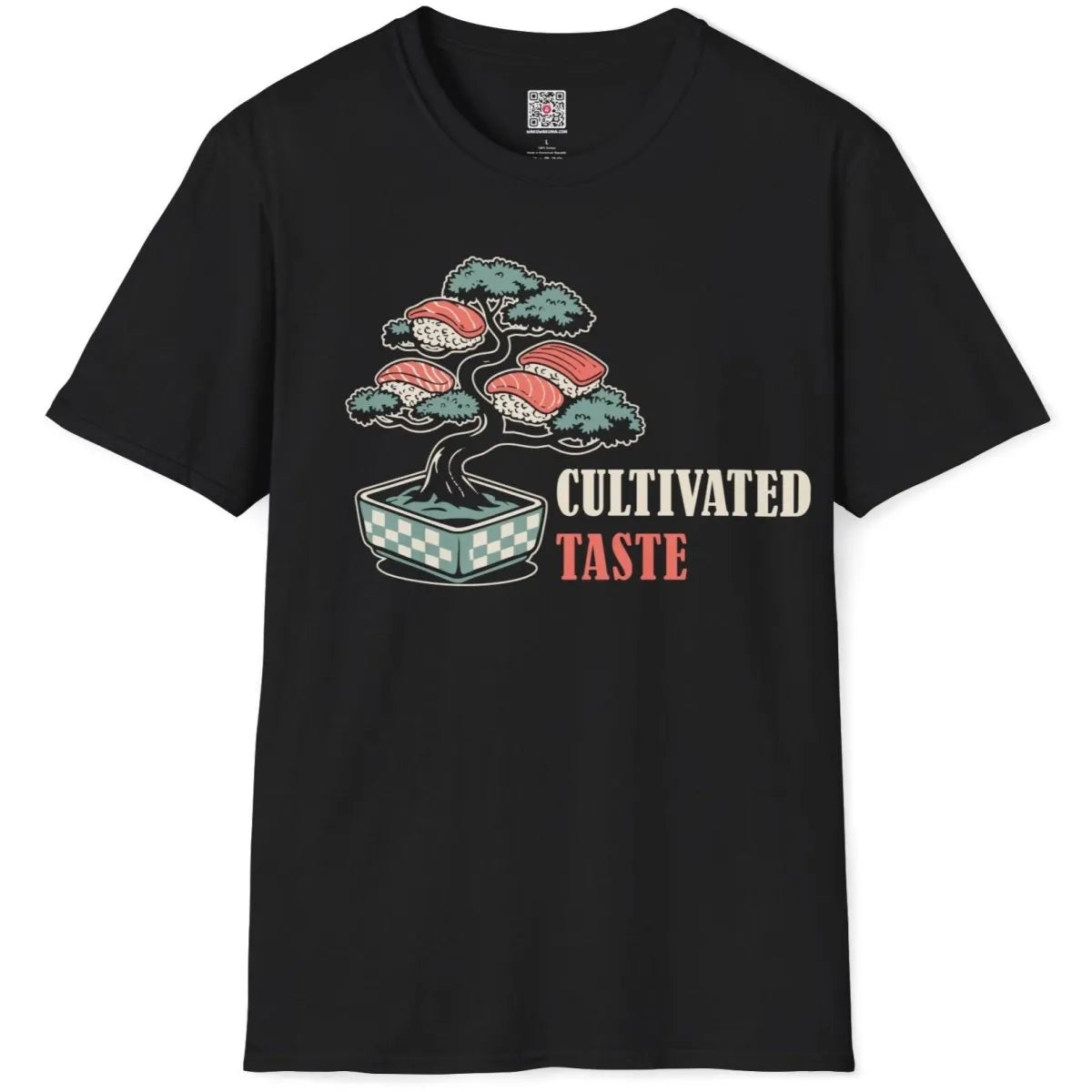 Black t-shirt flatlay with bonsai tree, sushi pieces, and bold red "TASTE" text, sushi t-shirt, modern fusion.