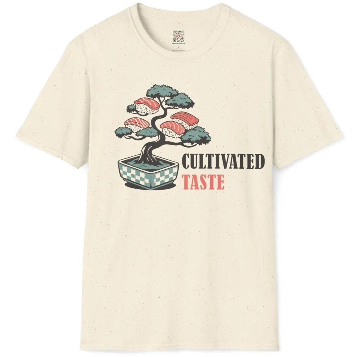 Natural t-shirt flatlay with bonsai tree, sushi, and bold modern text, cultural symbolism, artistic wave.