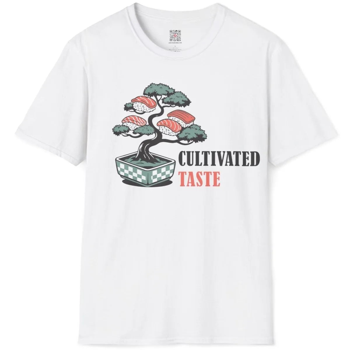 White t-shirt flatlay with playful bonsai tree, sushi, and bold text, sushi culture, minimalist font.
