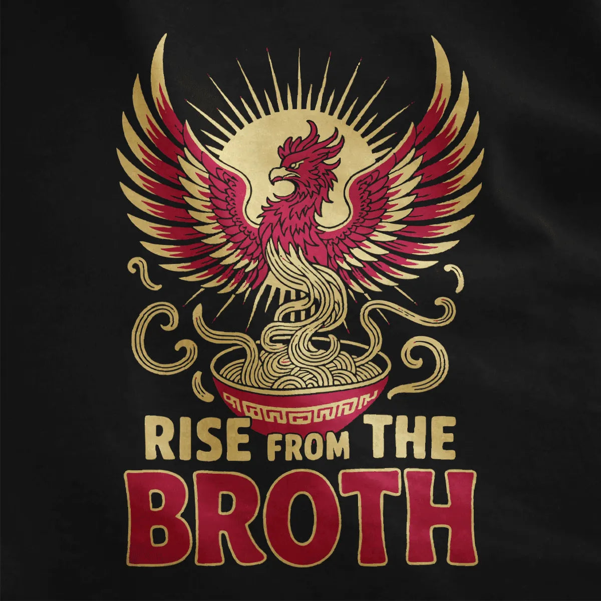 Close-up of red phoenix and noodles on black shirt, junk food shirt with bold ramen art and cultural fusion.