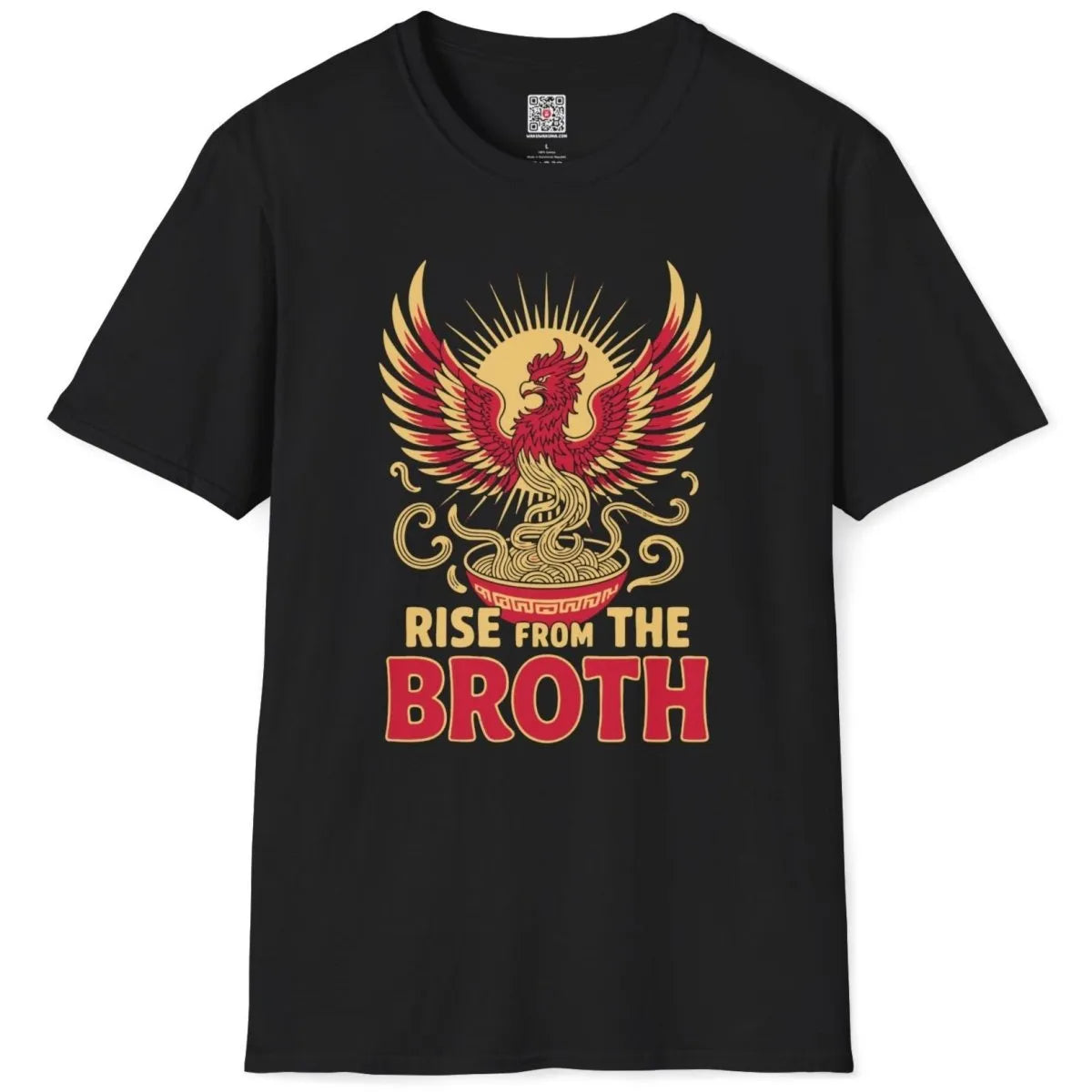 Black t-shirt flatlay featuring red phoenix rising from ramen, ramen t-shirt, vibrant style.