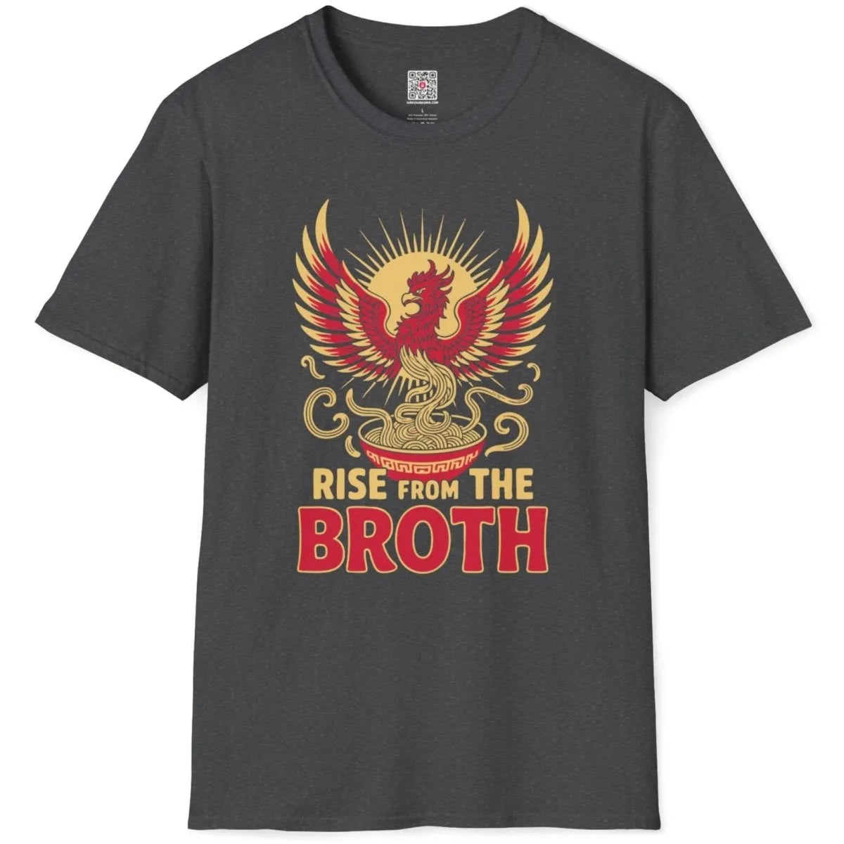 Dark heather t-shirt flatlay with dynamic red phoenix and ramen, junk food shirt, cultural symbols.