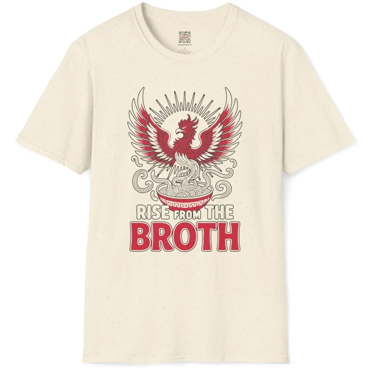White t-shirt flatlay with phoenix and noodles, bold typography, japanese t-shirts, soulful design.