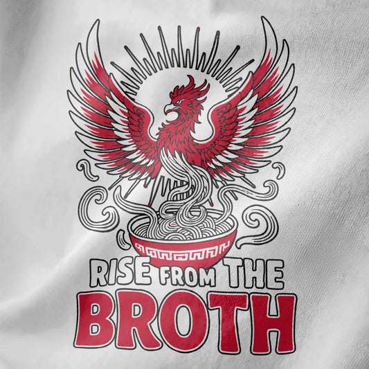 Close-up of vibrant red phoenix rising from ramen bowl on white shirt, bold ramen t-shirt, dynamic composition.