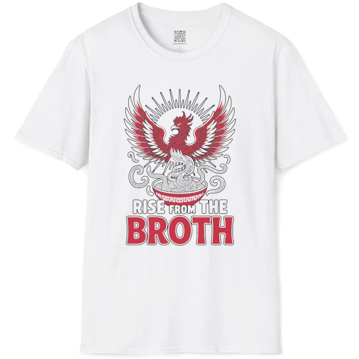 White t-shirt flatlay with phoenix and noodles, bold typography, japanese t-shirts, soulful design.