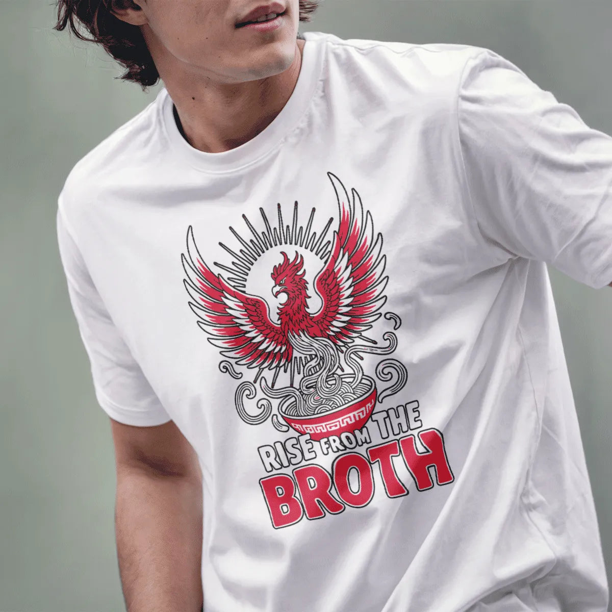 Male model in white t-shirt with red phoenix and noodles design, japanese t-shirts, modern tradition.