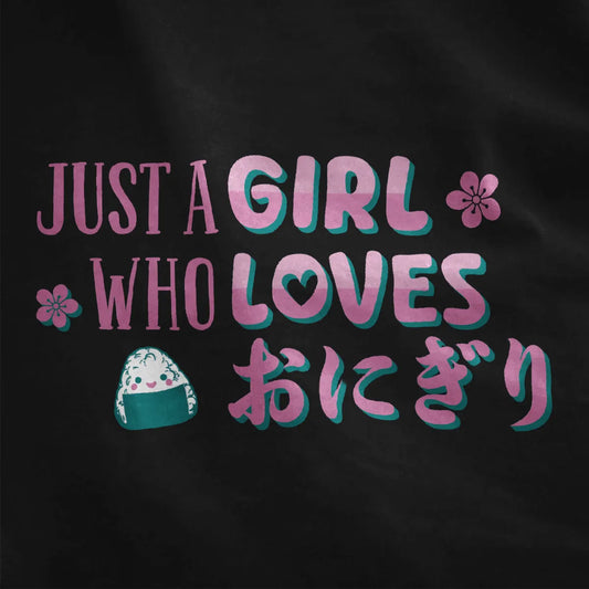 Vibrant onigiri and cherry blossom design with teal and pink text on black fabric, japanese t shirts, kawaii clothes.