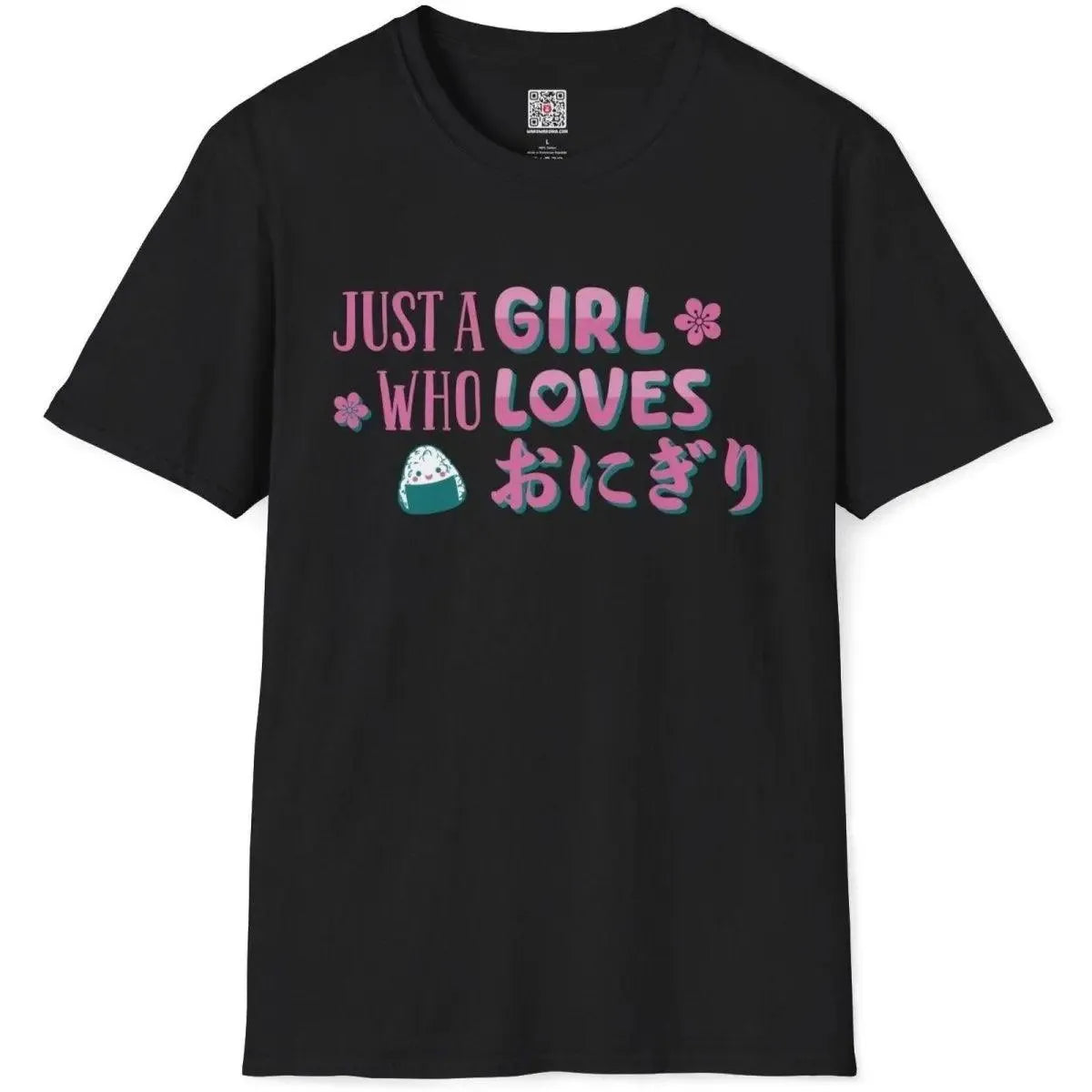 Black flatlay tee with cheerful onigiri, pink sakura, and teal Japanese text, japanese style cartoon, food for design.