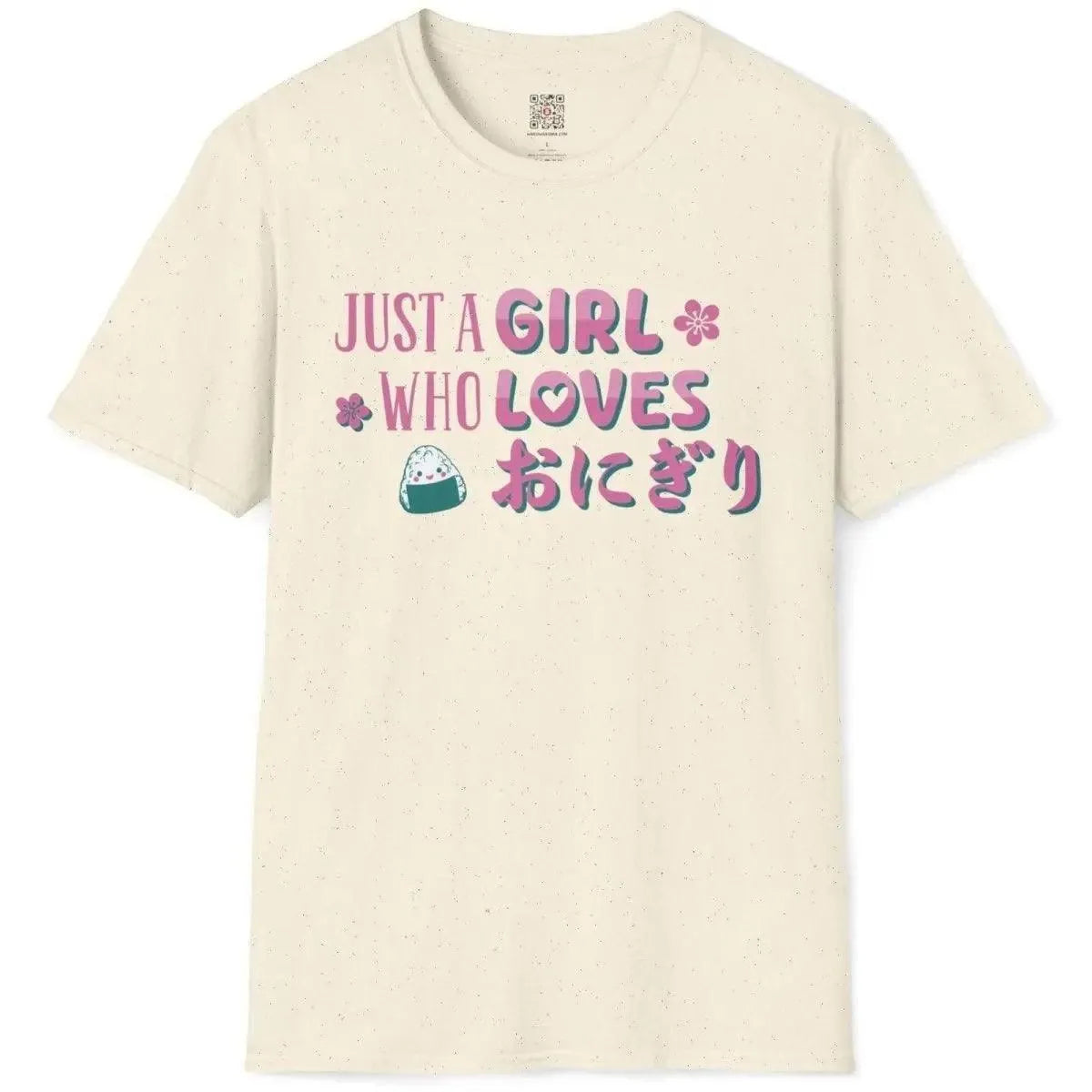 Natural flatlay tee featuring cheerful onigiri, pink cherry blossoms, and teal Japanese text, kawaii clothes.