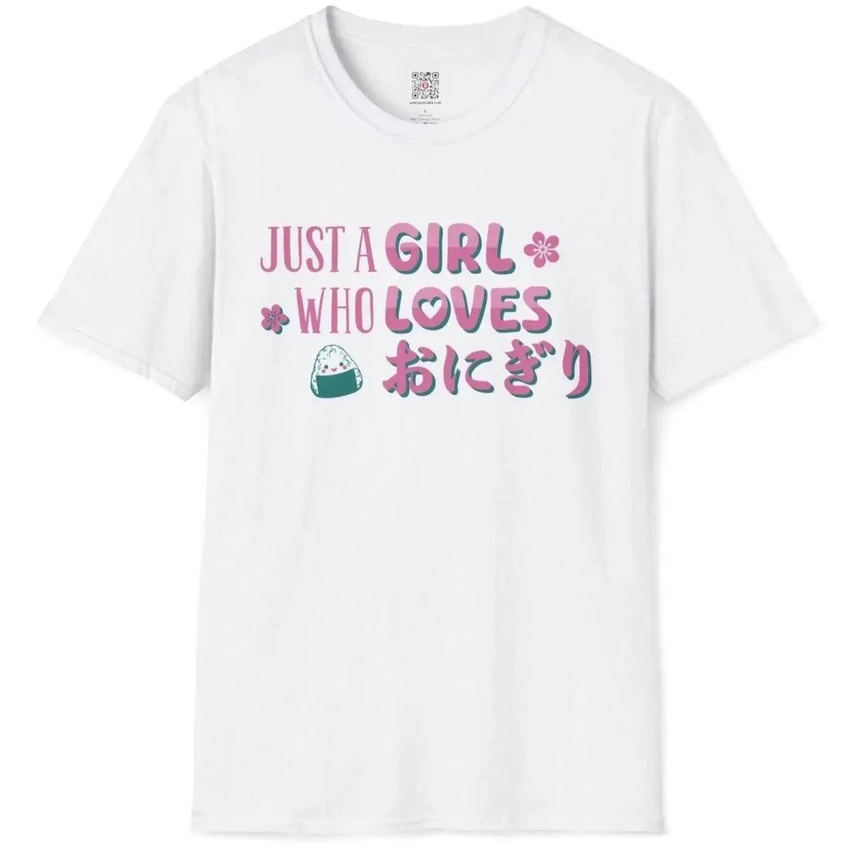 White flatlay tee with smiling onigiri, pink blossoms, and teal Japanese text, kawaii clothes, japanese t-shirts.