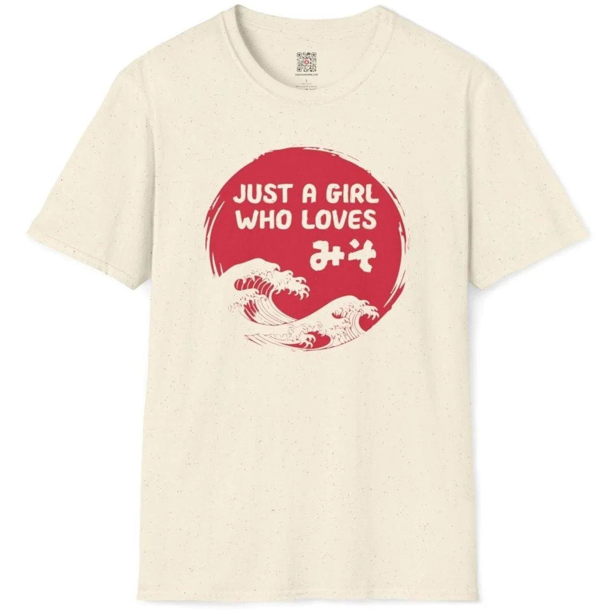 Natural t-shirt flatlay with red sun, miso kanji, and ukiyo-e inspired waves. japanese wood block art, foodie style.