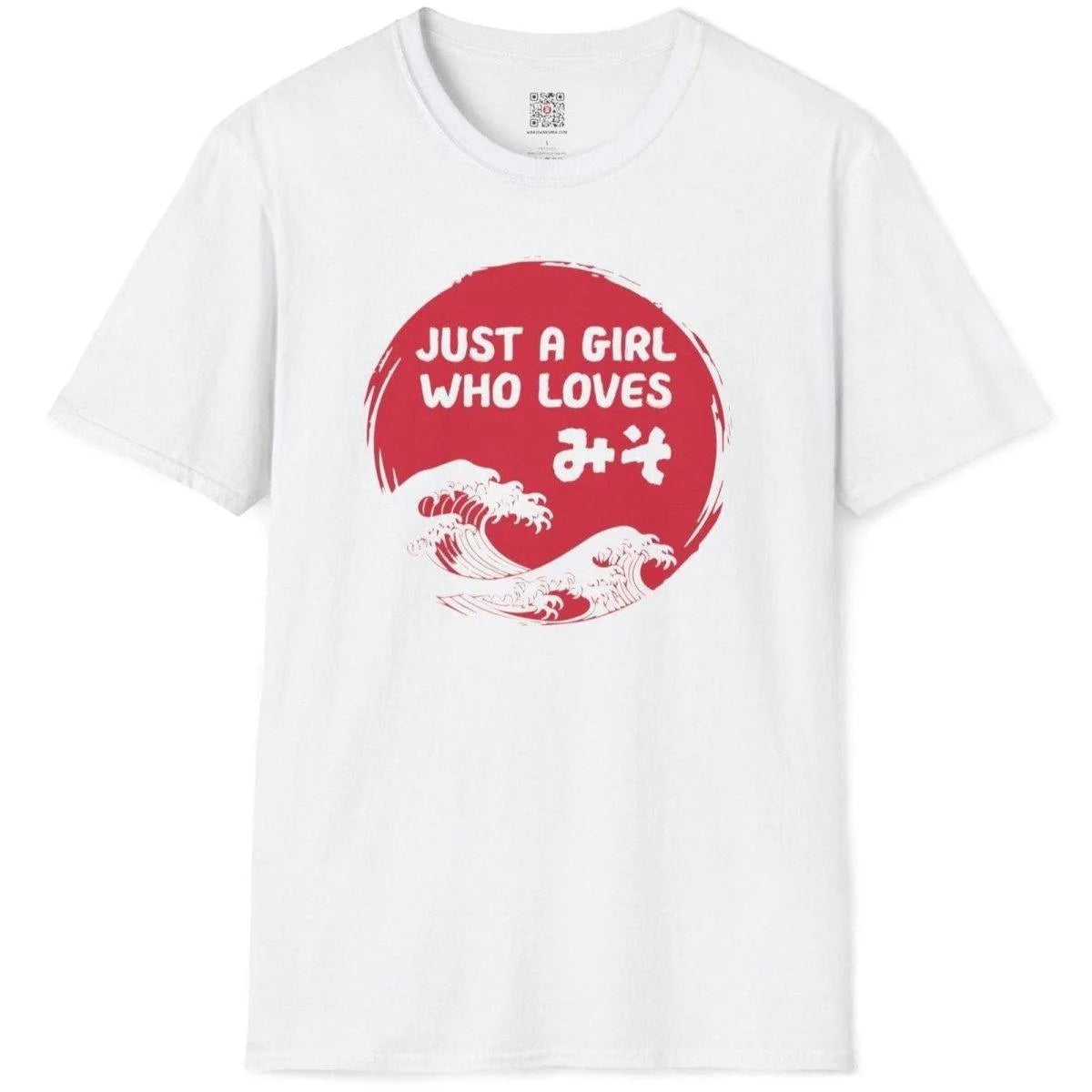 Flatlay of white t-shirt with red sun, miso kanji, and flowing waves. japanese wave hokusai, simple t shirt design.