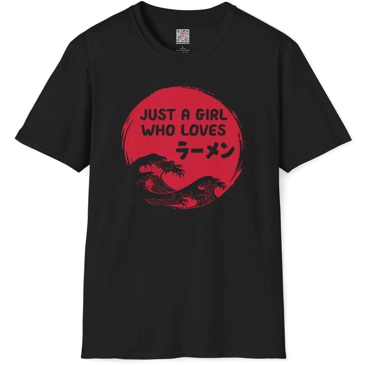 Black t shirt flatlay with red sun, ramen text, and classic japanese waves, ramen t-shirt, symbolism japan.