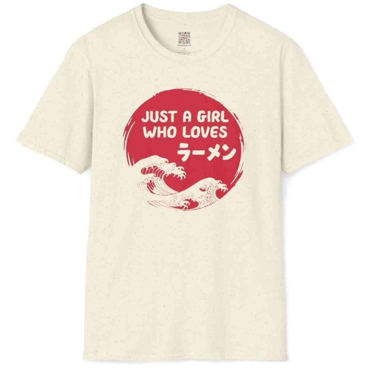 Natural t shirt flatlay with red sun, ramen text, and hokusai-inspired waves, ramen t shirt, foodie style.