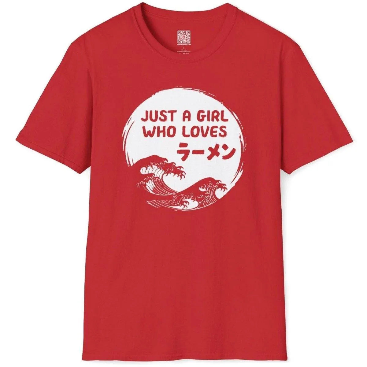 Red t shirt flatlay with white ramen text and stylized blue waves, japan t shirts, ramen t-shirt.