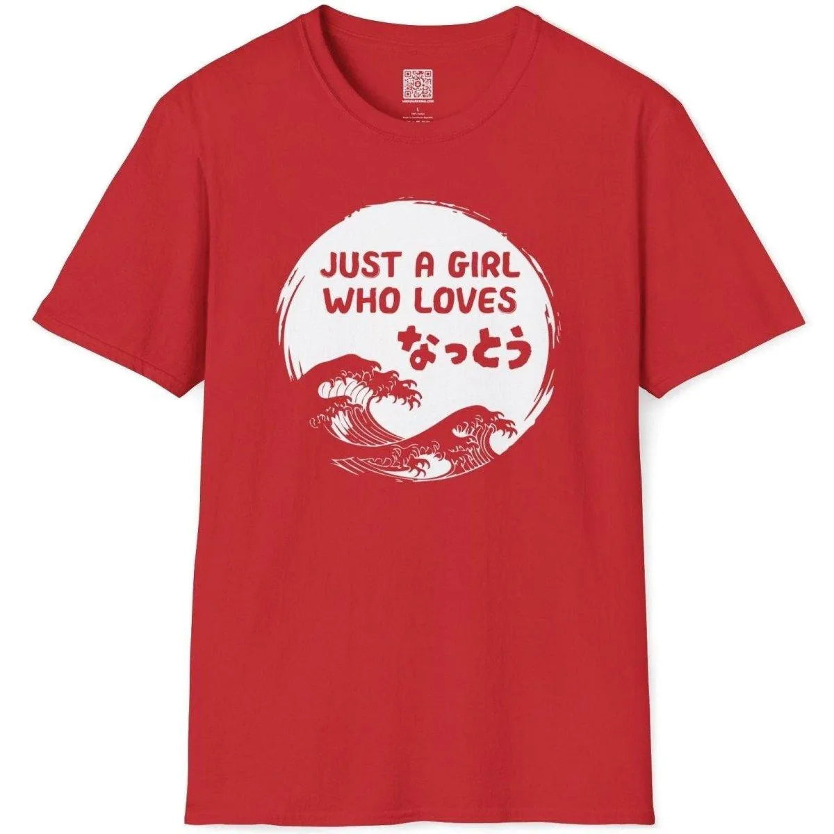 Red t shirt flatlay with white natto text and blue wave, kawaii clothes, japanese graphic shirts.